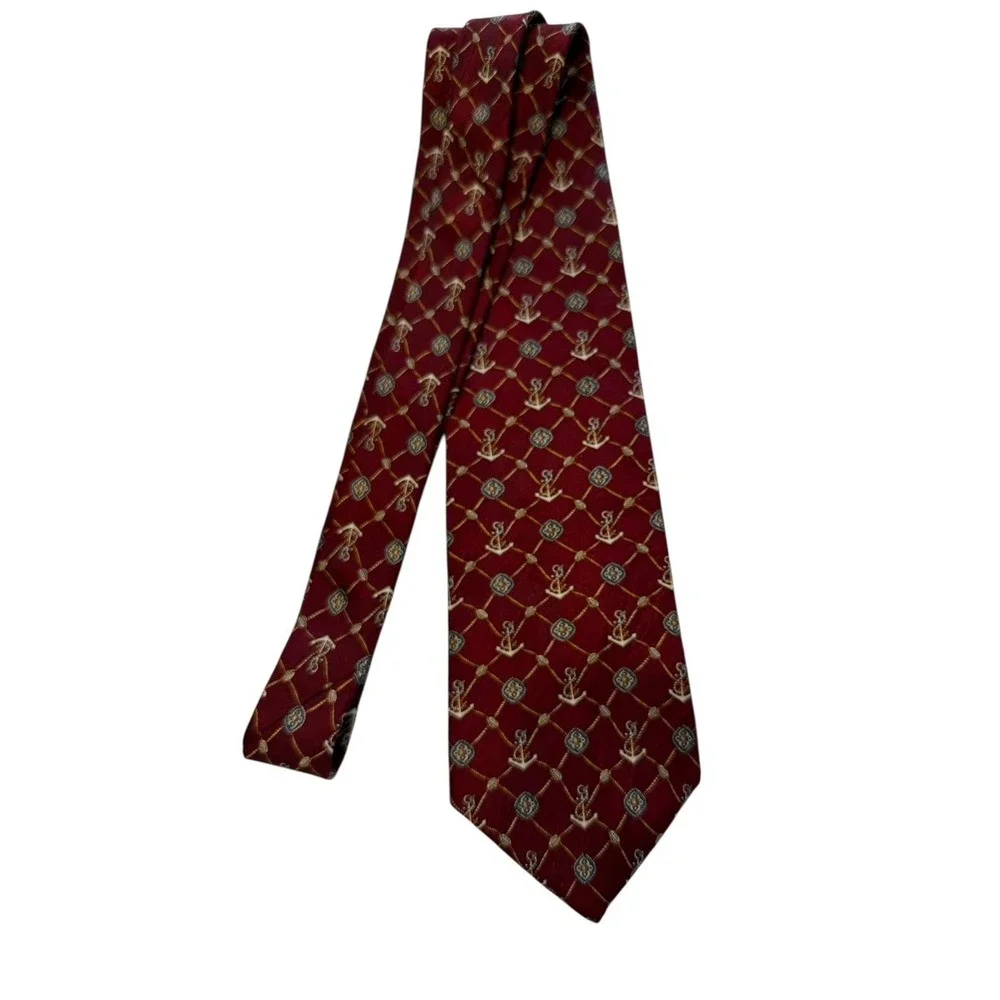 Cromley & Finch 100%‎ Silk Tie Dark Red W/Anchors & Gold Rigging Nautical 3.75
